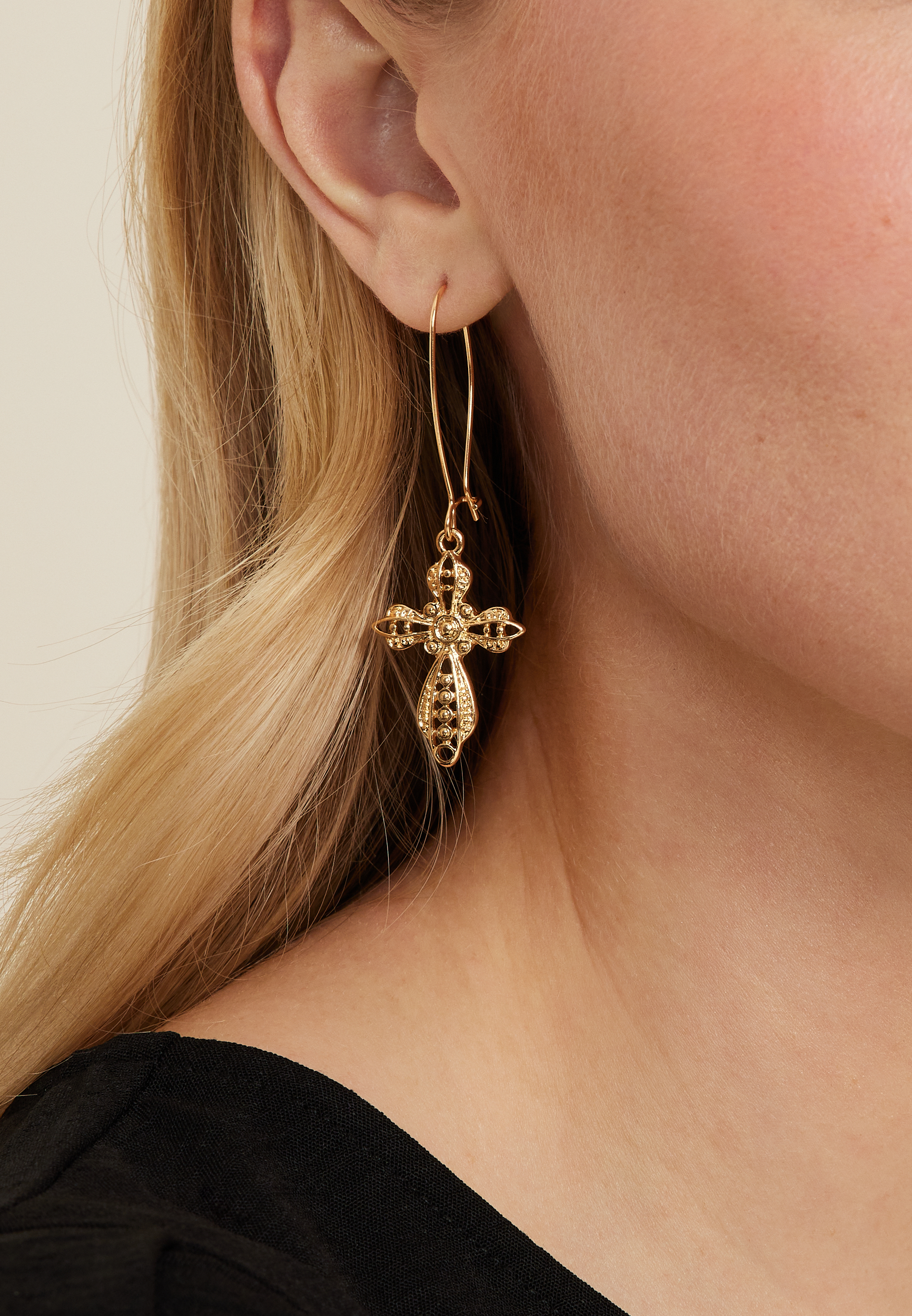 Gold Ornate Cross Drop Earrings, GOLD, large