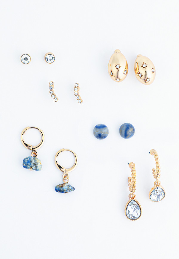 6 Pack Blue Stone And Gold Variety Earring Set | maurices