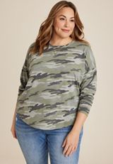 Plus Size 24/7 Clara Long Sleeve Tee, GREEN COMBO, small