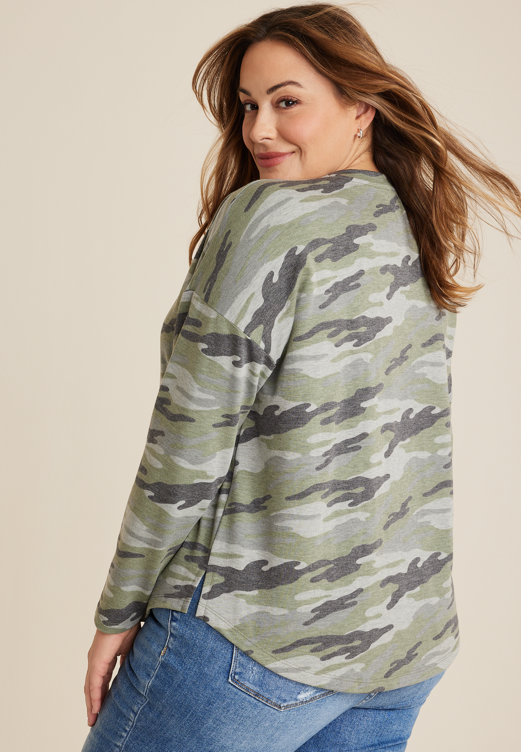 Plus Size 24/7 Clara Long Sleeve Tee, GREEN COMBO, large