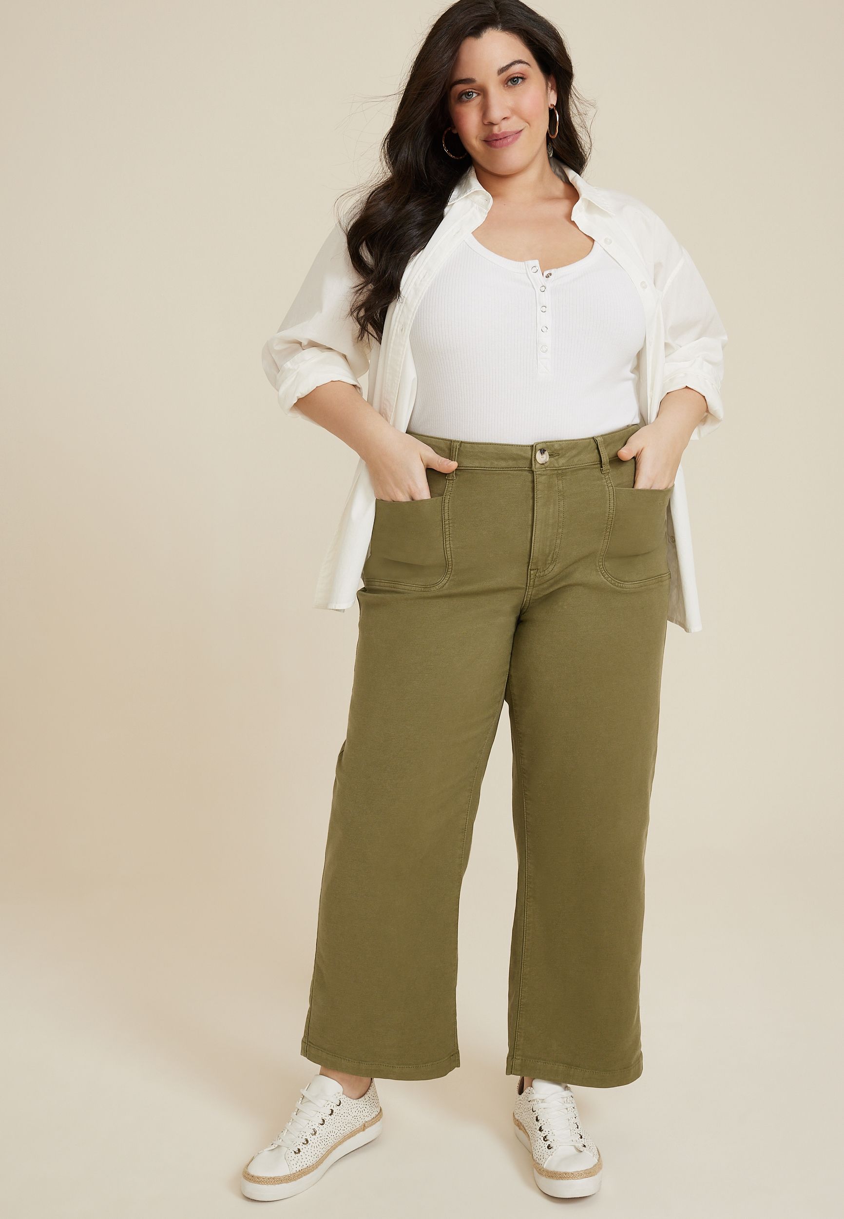 Plus Size Patch Pocket High Rise Wide Leg Pant, C8780, large