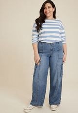 Plus Size High Rise Cargo Wide Leg Jean, C2806, small