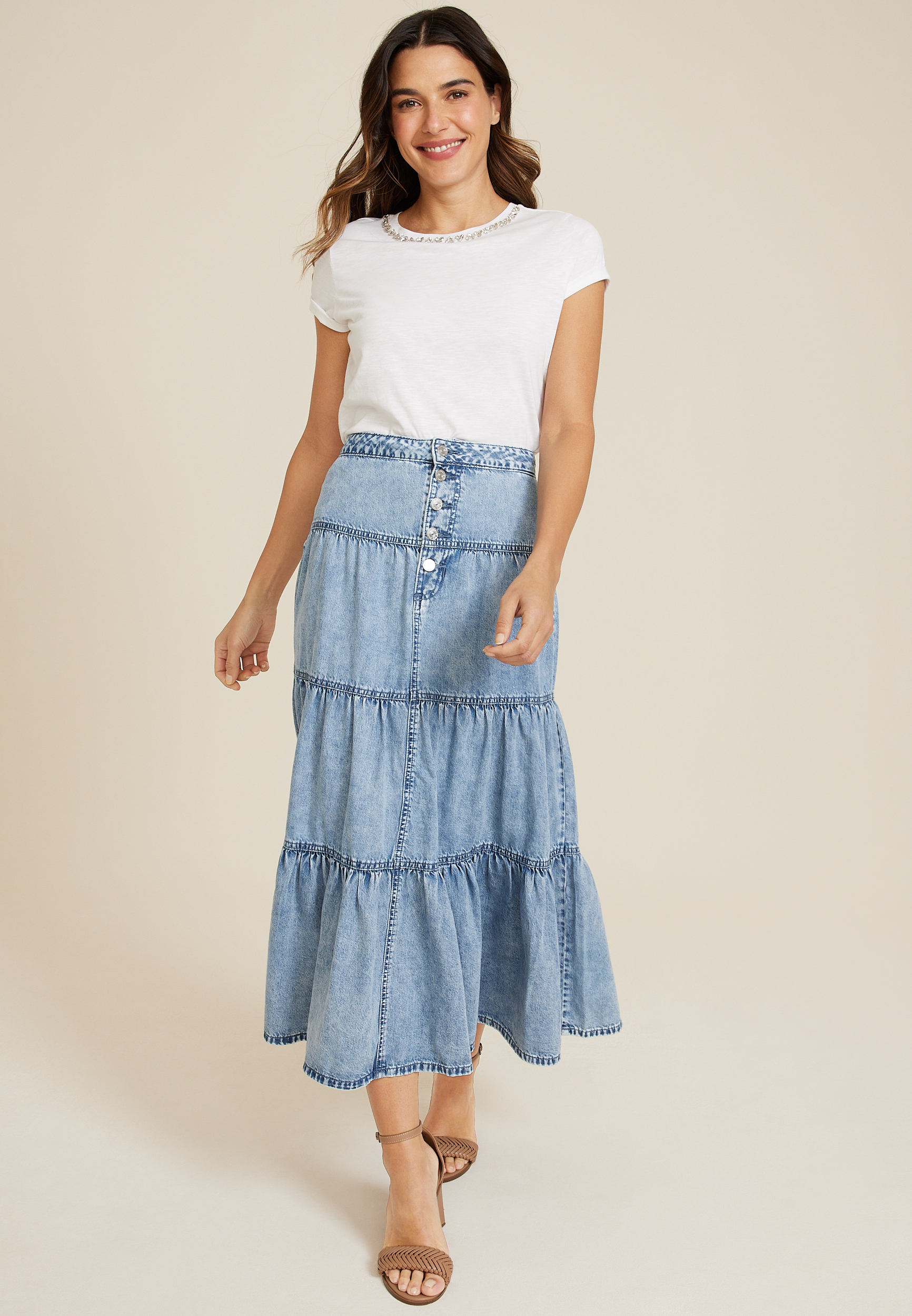 Denim maxi skirt button best sale