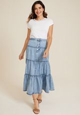 Button Fly Tiered Nonstretch Denim Maxi Skirt, C3337, small