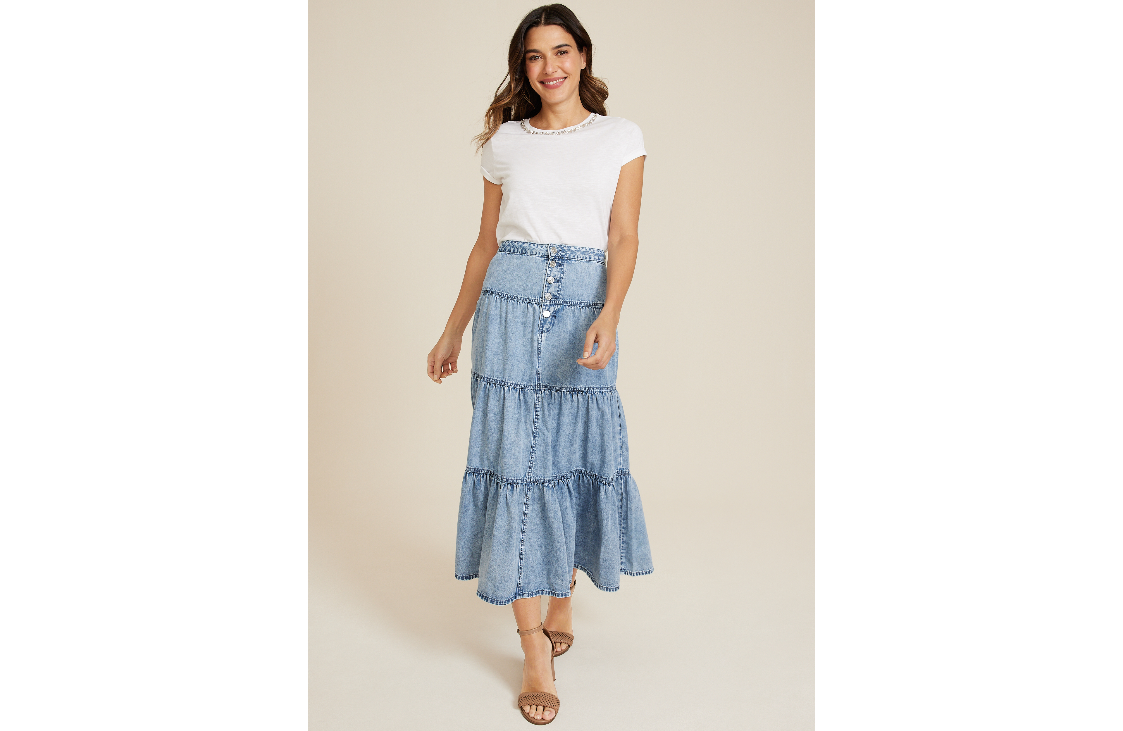 Button Fly Tiered Nonstretch Denim Maxi Skirt