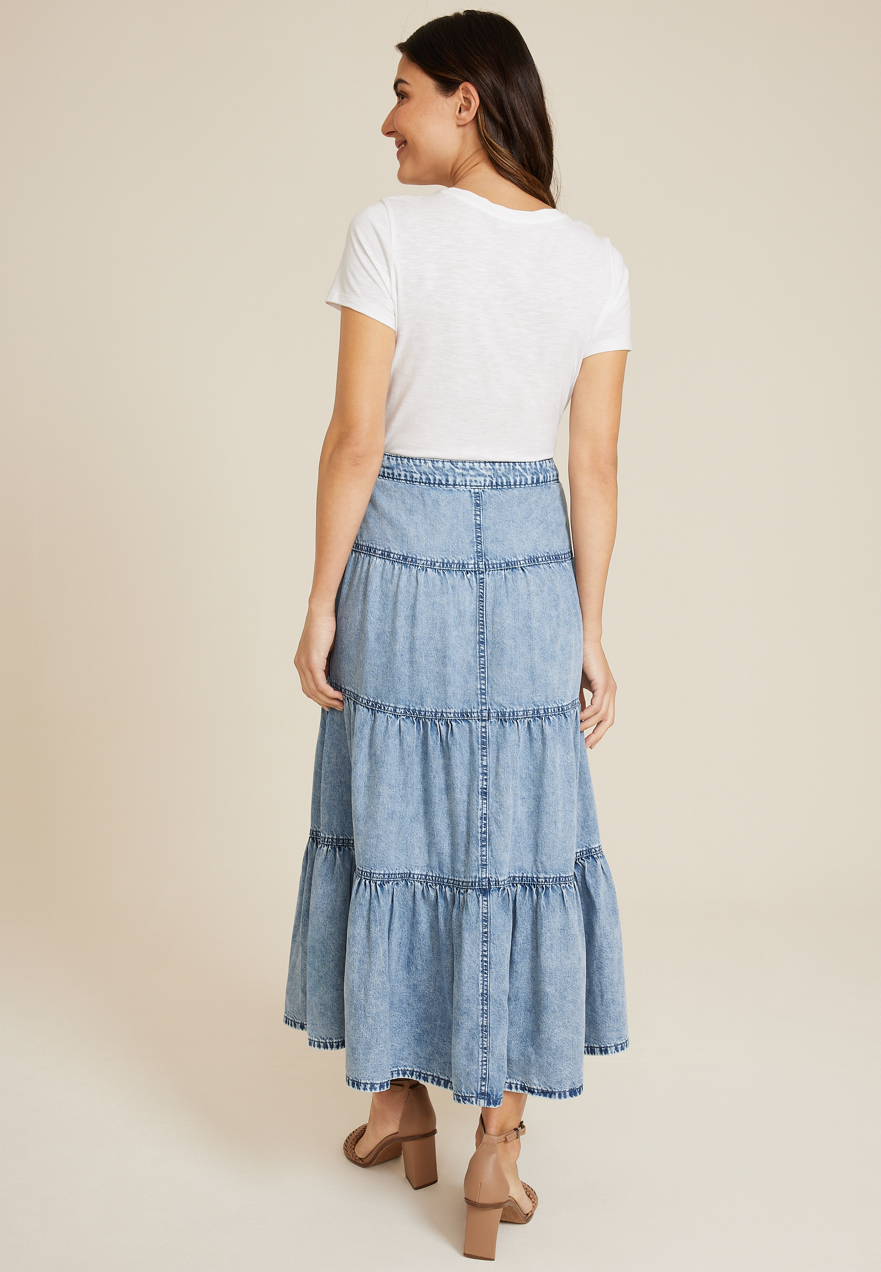 Button Fly Tiered Nonstretch Denim Maxi Skirt, C3337, large