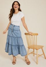 Button Fly Tiered Nonstretch Denim Maxi Skirt, C3337, small