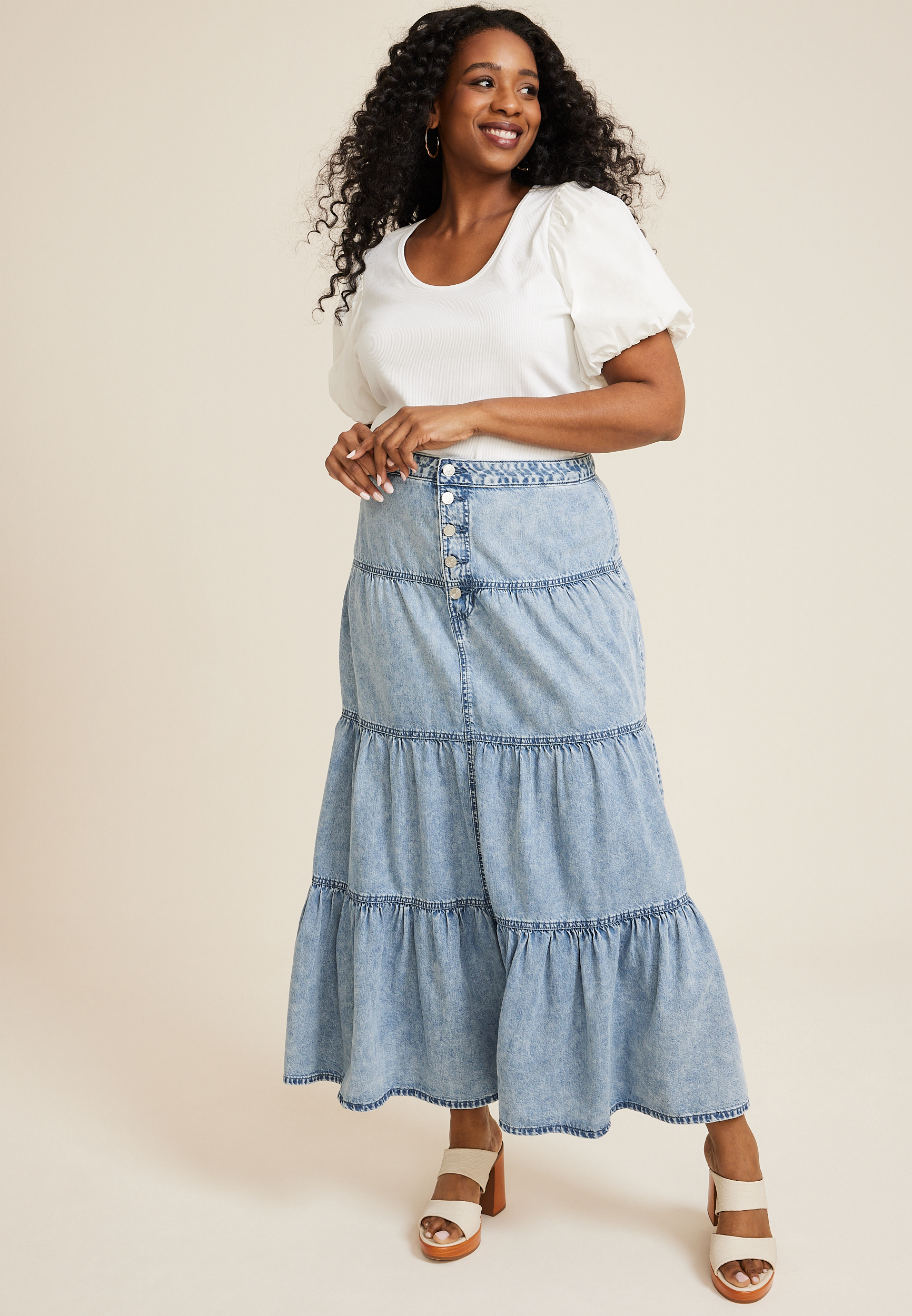 Plus Size Button Fly Tiered Denim Maxi Skirt | maurices