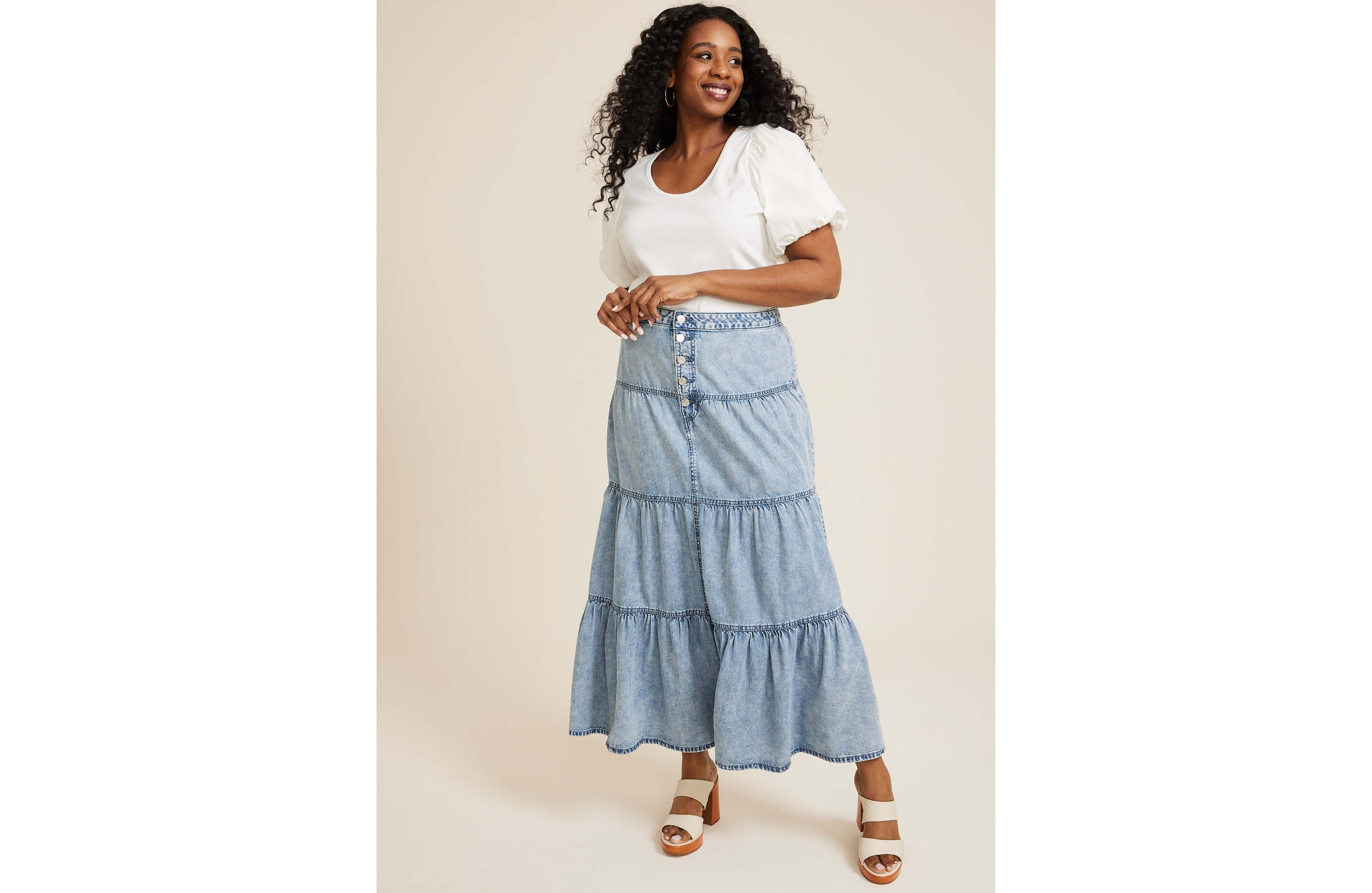 Plus Button Fly Tiered Denim Maxi Skirt