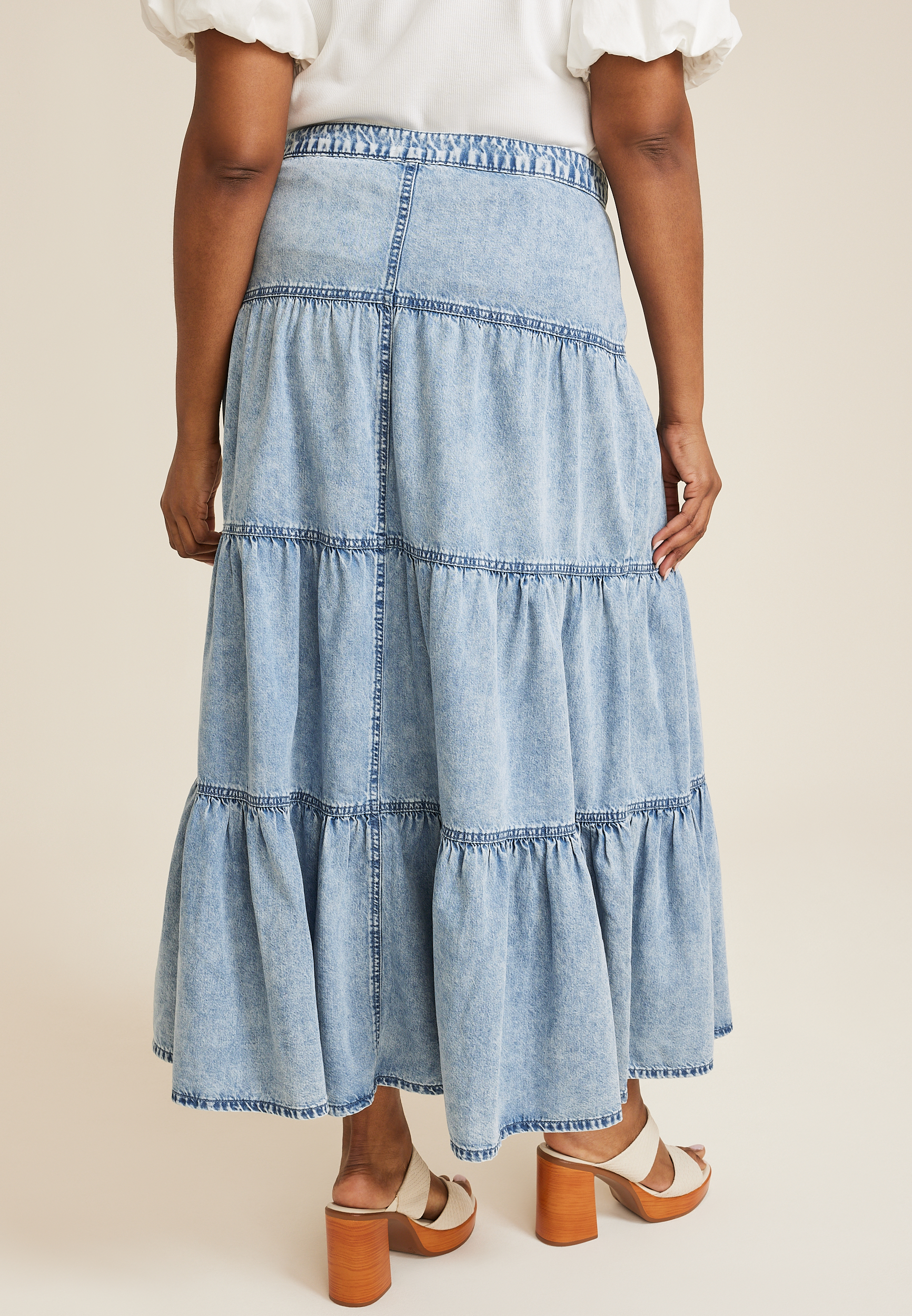 Plus Size Button Fly Tiered Denim Maxi Skirt, C3337, large