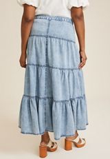 Plus Size Button Fly Tiered Denim Maxi Skirt, C3337, small