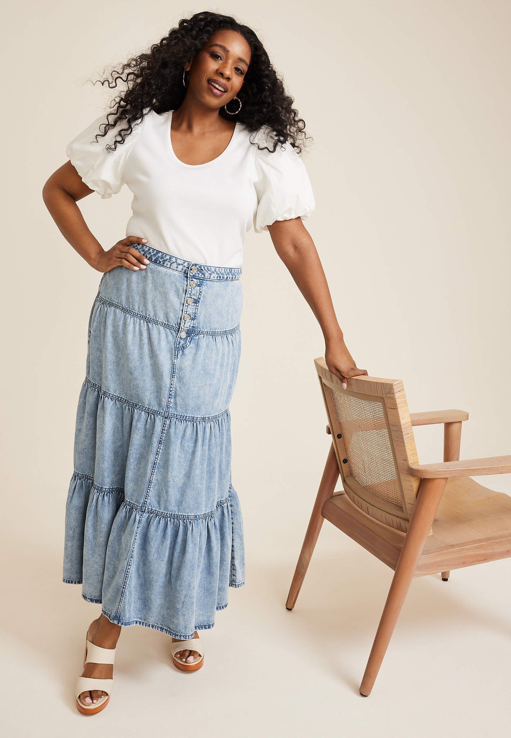 Plus Size Button Fly Tiered Denim Maxi Skirt, C3337, large