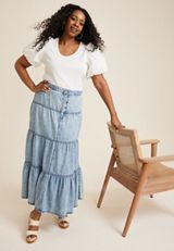 Plus Size Button Fly Tiered Denim Maxi Skirt, C3337, small
