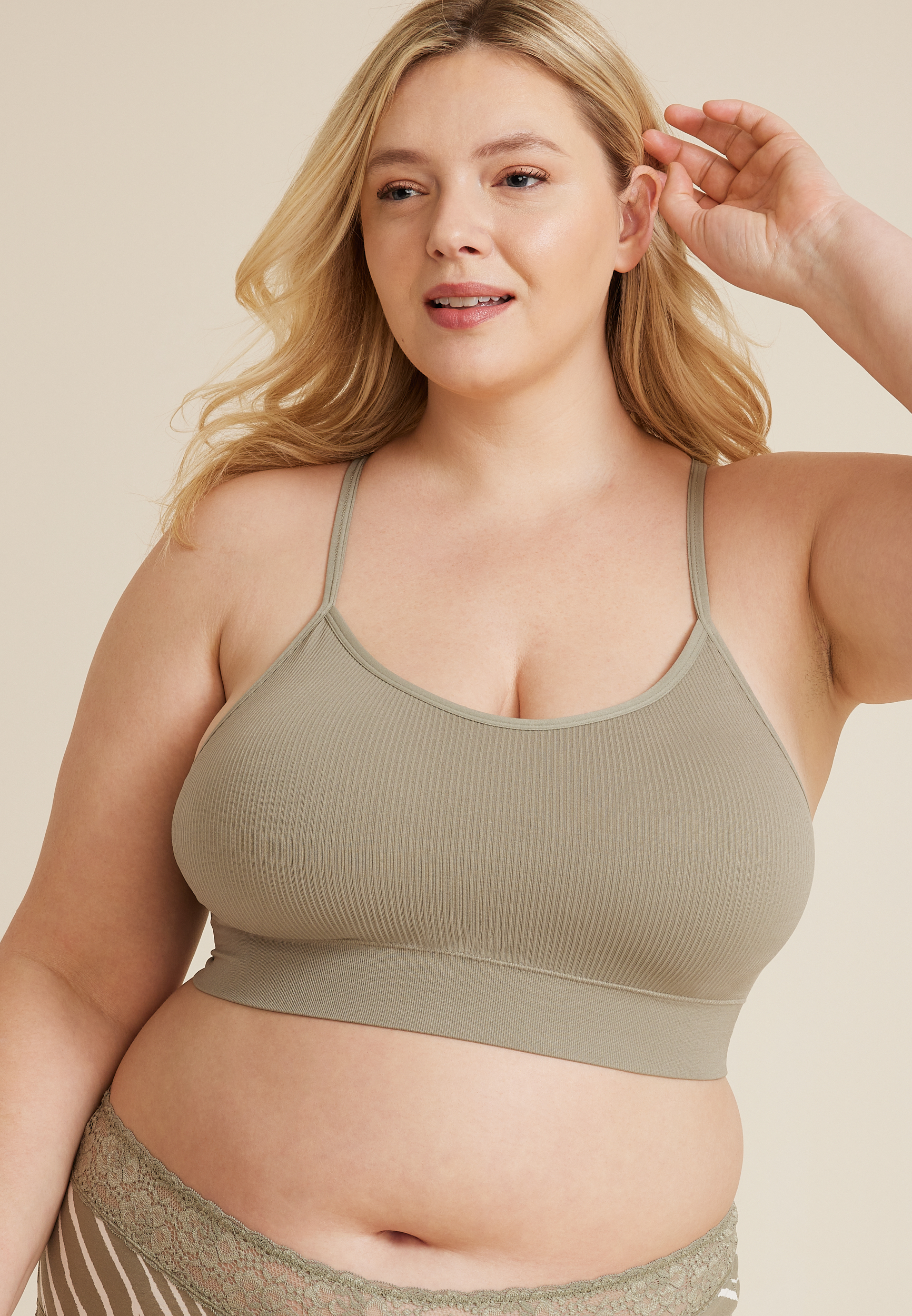 True Stretch Seamless Crochet Lace Back Bralette, OLIVE FOG, large