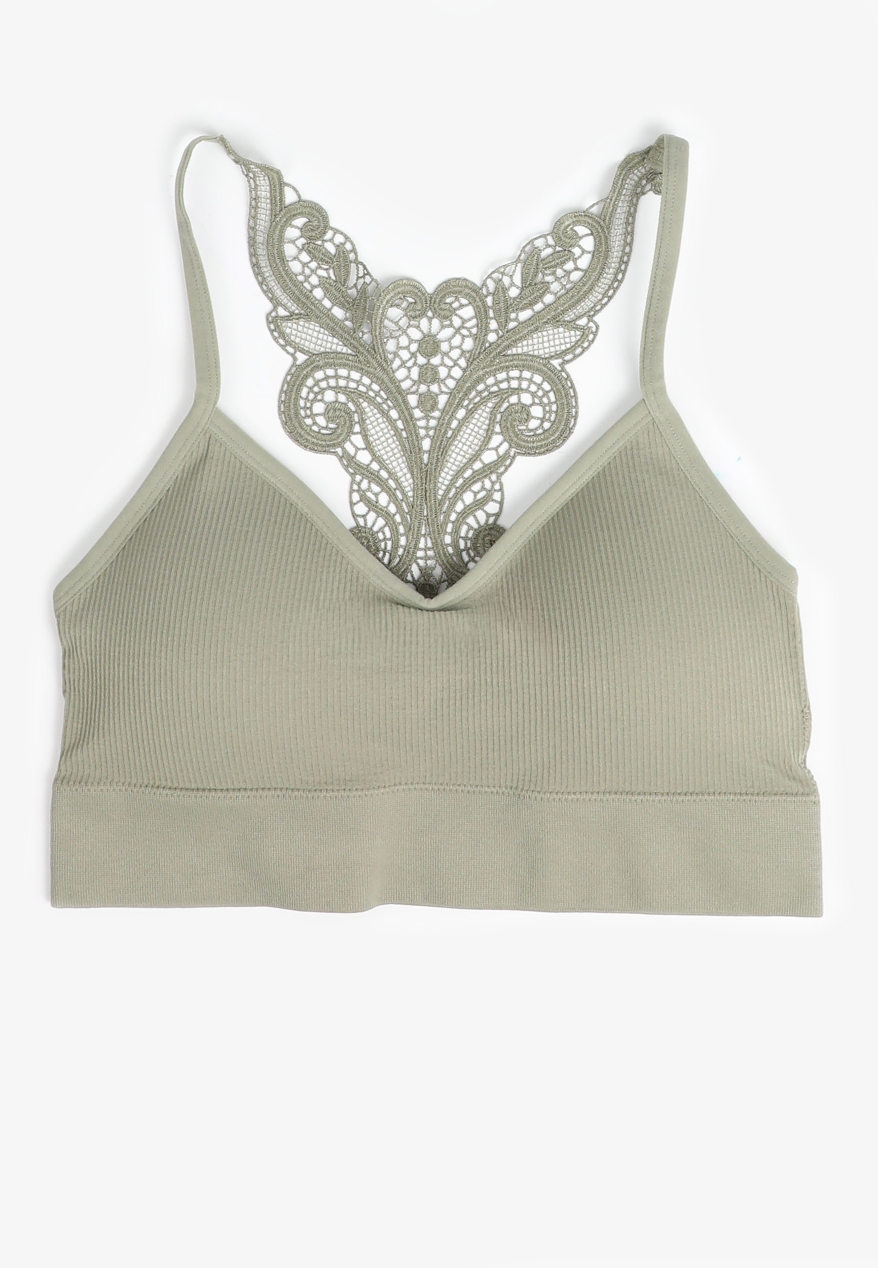 True Stretch Seamless Crochet Lace Back Bralette, OLIVE FOG, large