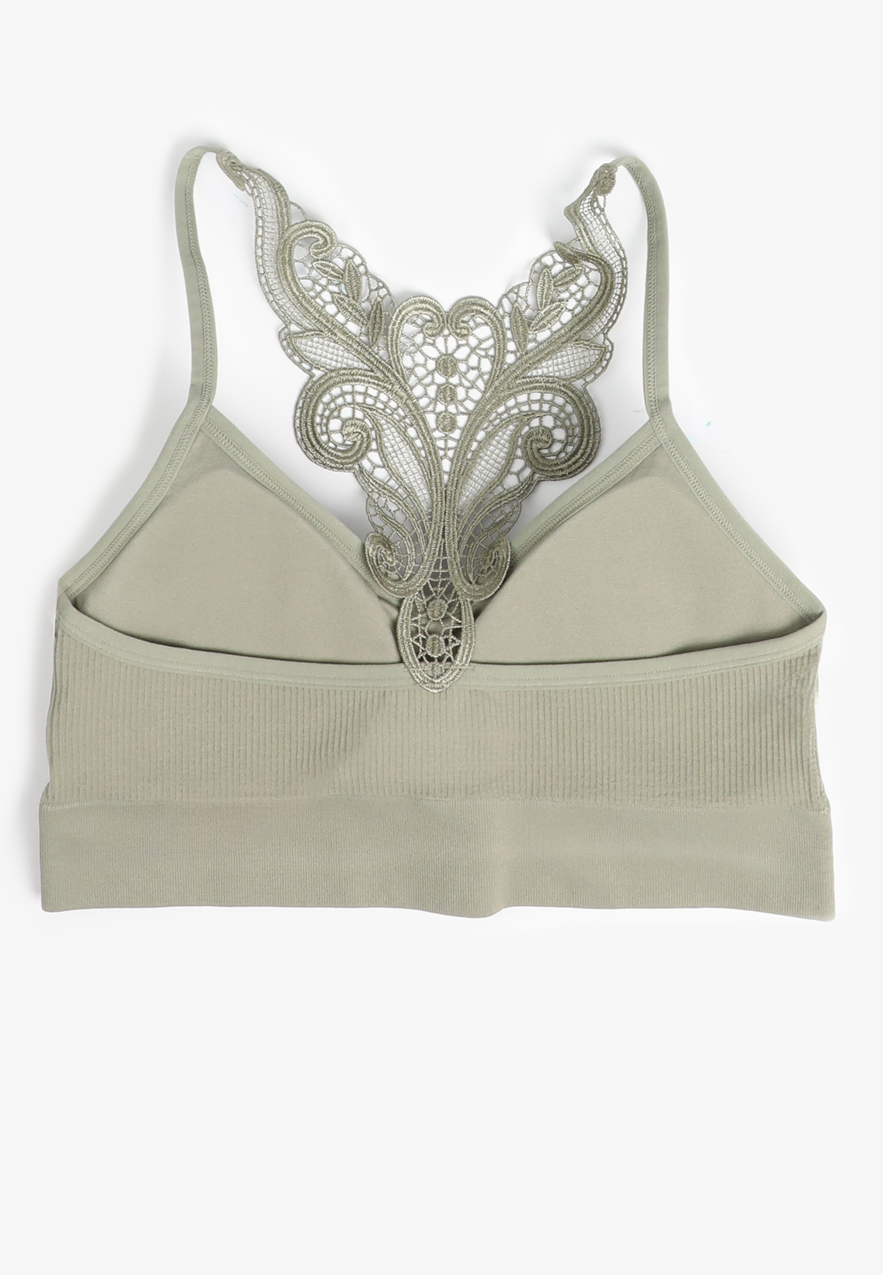 True Stretch Seamless Crochet Lace Back Bralette, OLIVE FOG, large