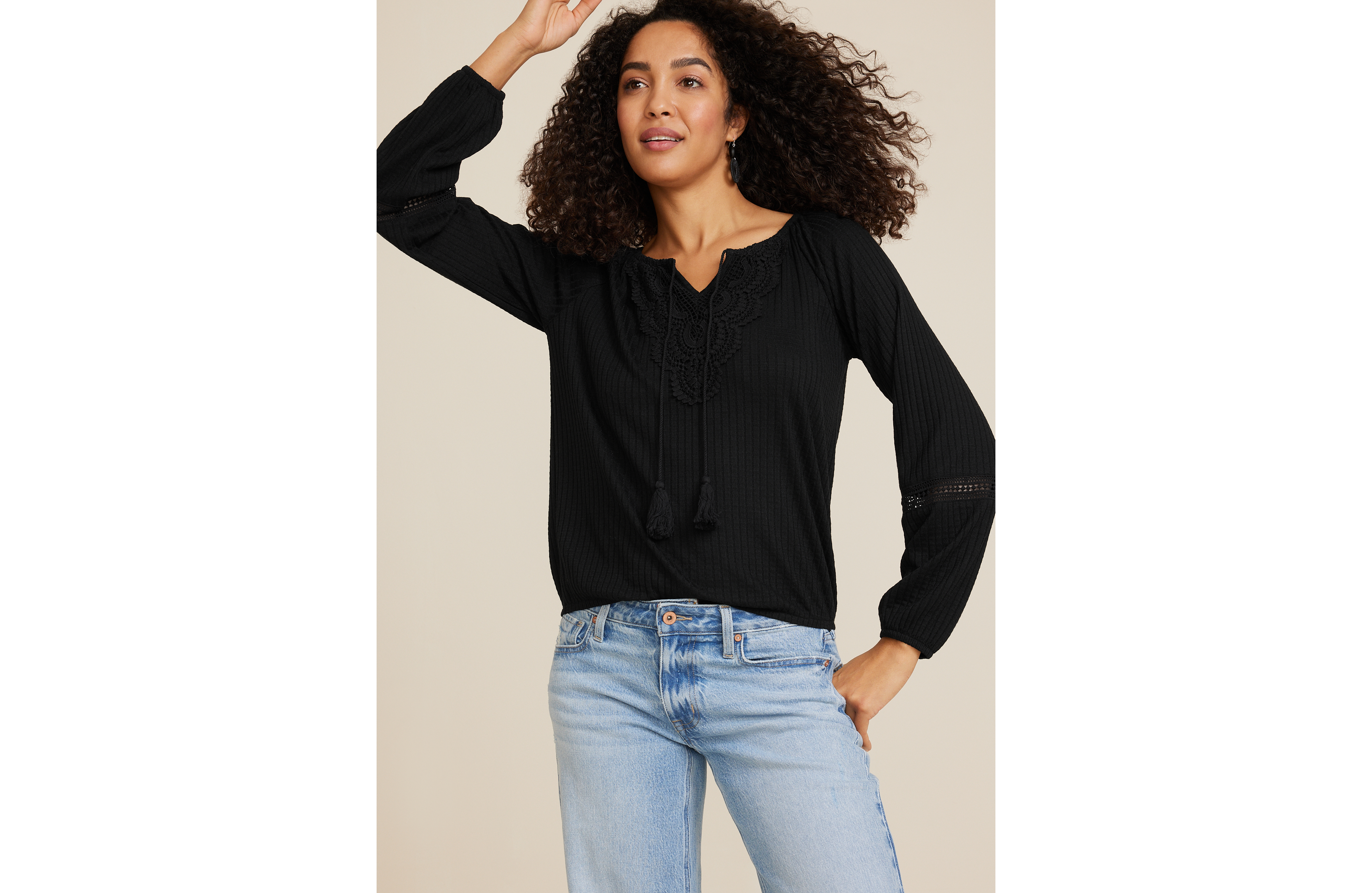 Crochet Yoke Trim Knit Blouse