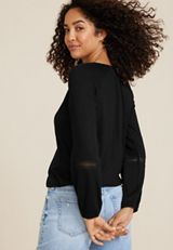 Crochet Yoke Trim Knit Blouse, C106, small