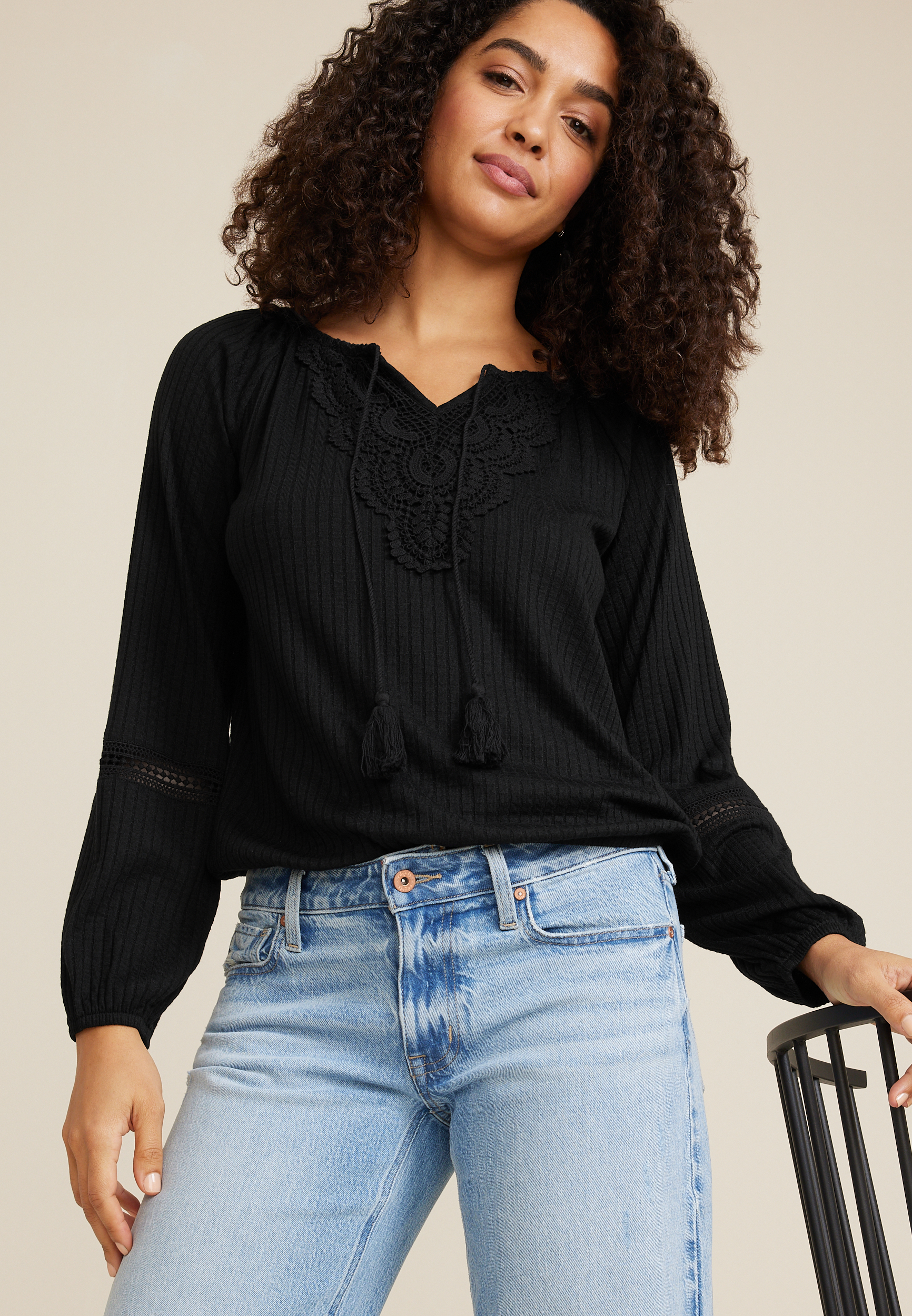Crochet Yoke Trim Knit Blouse, C106, large