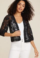 Embroidered Lace Cropped Kimono, BLACK, small