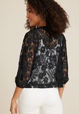 Embroidered Lace Cropped Kimono, BLACK, small