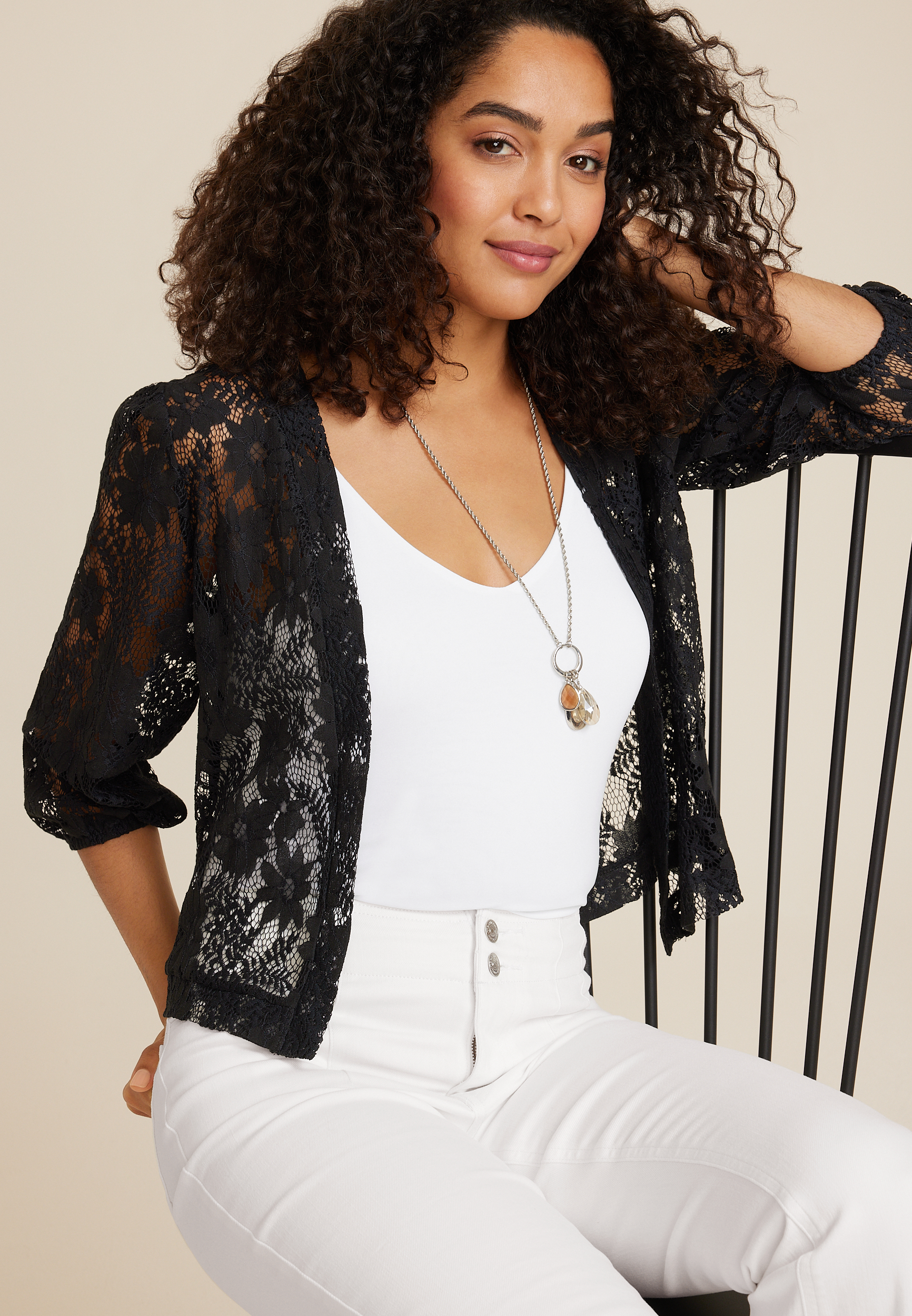 Embroidered Lace Cropped Kimono, BLACK, large