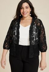 Plus Size Embroidered Lace Cropped Kimono, BLACK, small
