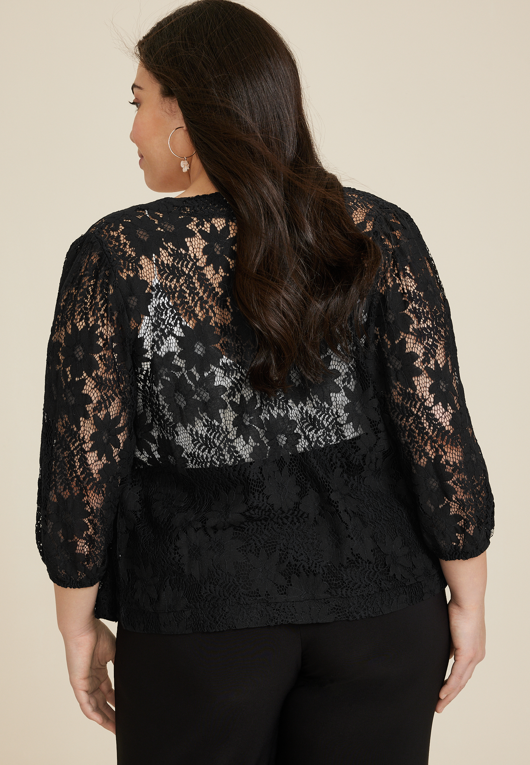 Plus Size Embroidered Lace Cropped Kimono, BLACK, large