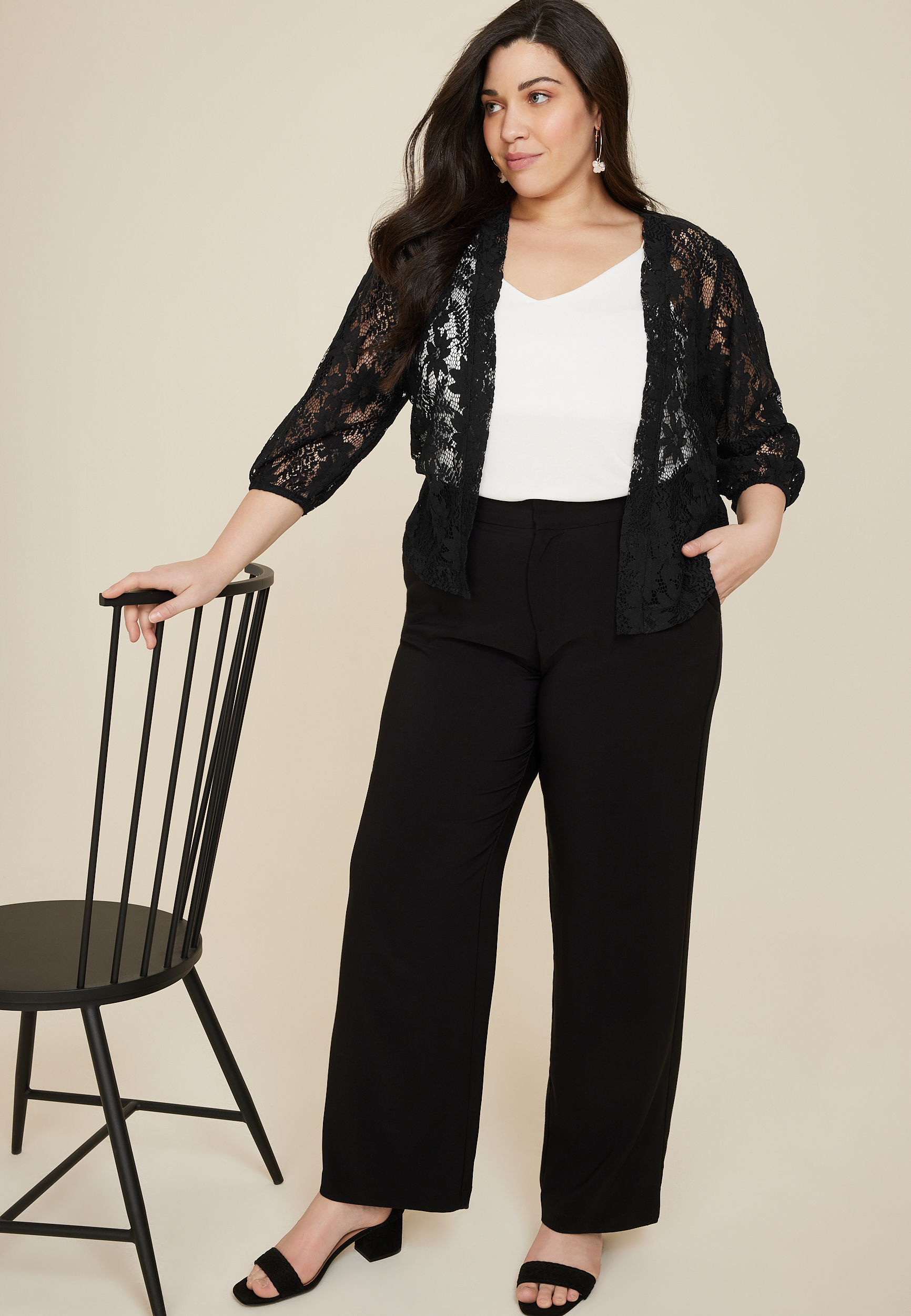 Plus Size Embroidered Lace Cropped Kimono, BLACK, large