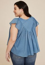 Plus Size Woven Flutter Sleeve Blouse, C122, small