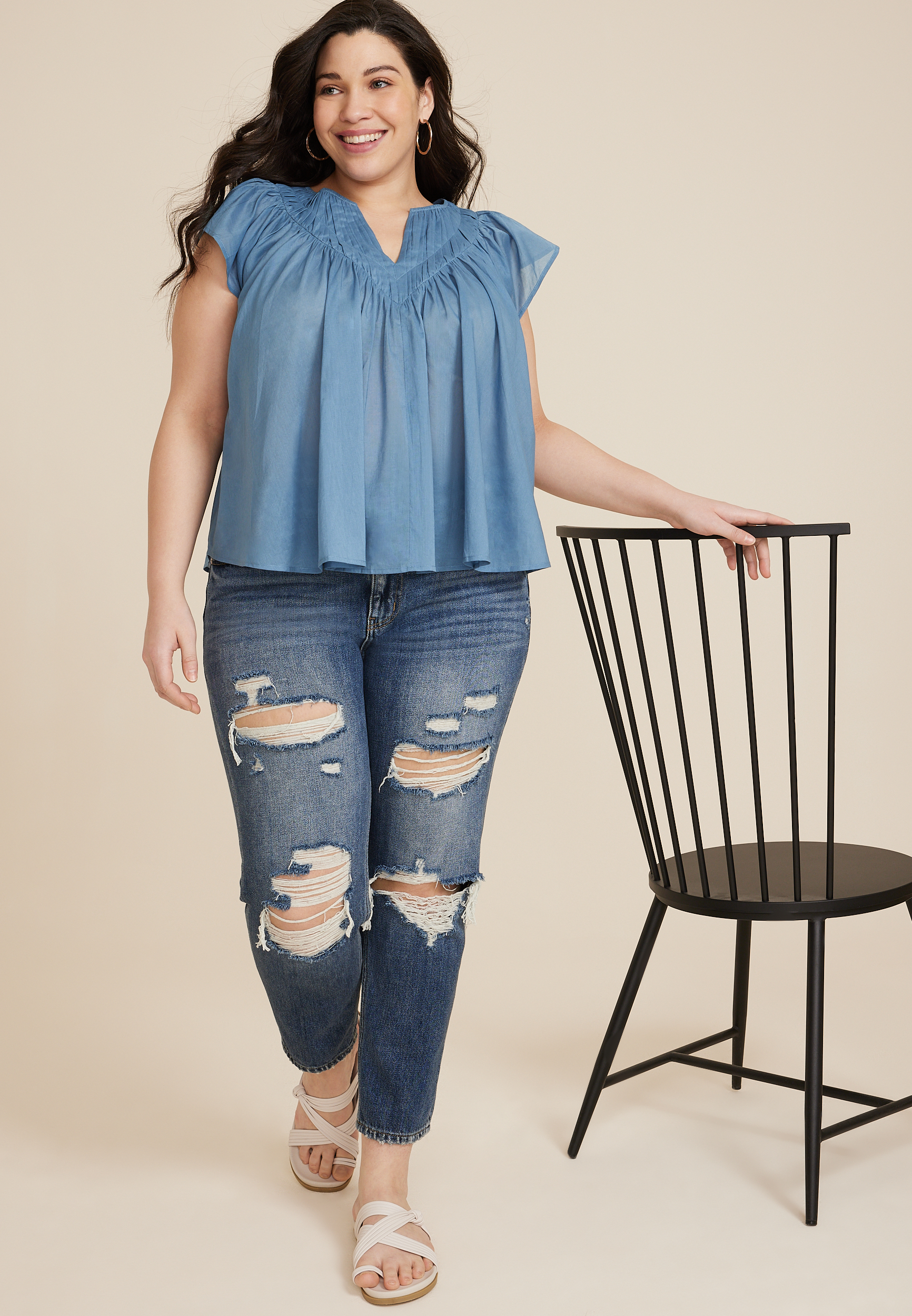 Plus Size Woven Flutter Sleeve Blouse, C122, large