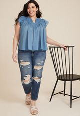 Plus Size Woven Flutter Sleeve Blouse, C122, small