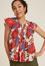 Floral Woven Flutter Sleeve Blouse, C6074, small