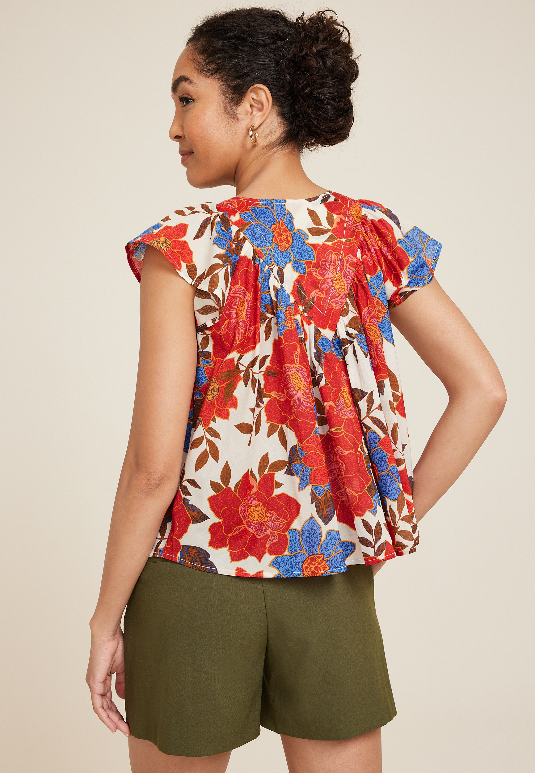 Floral Woven Flutter Sleeve Blouse, C6074, large