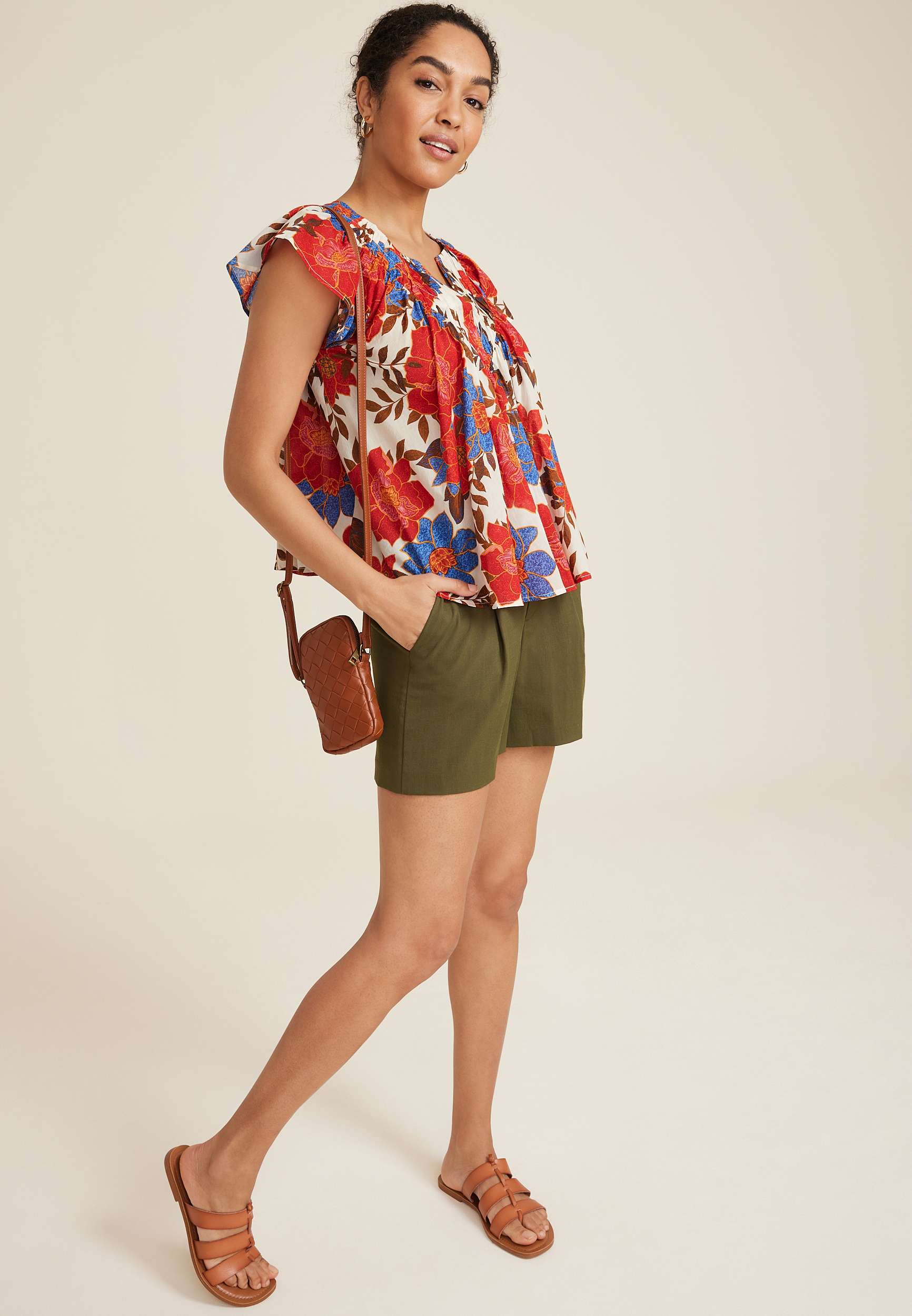 Floral Woven Flutter Sleeve Blouse, C6074, large