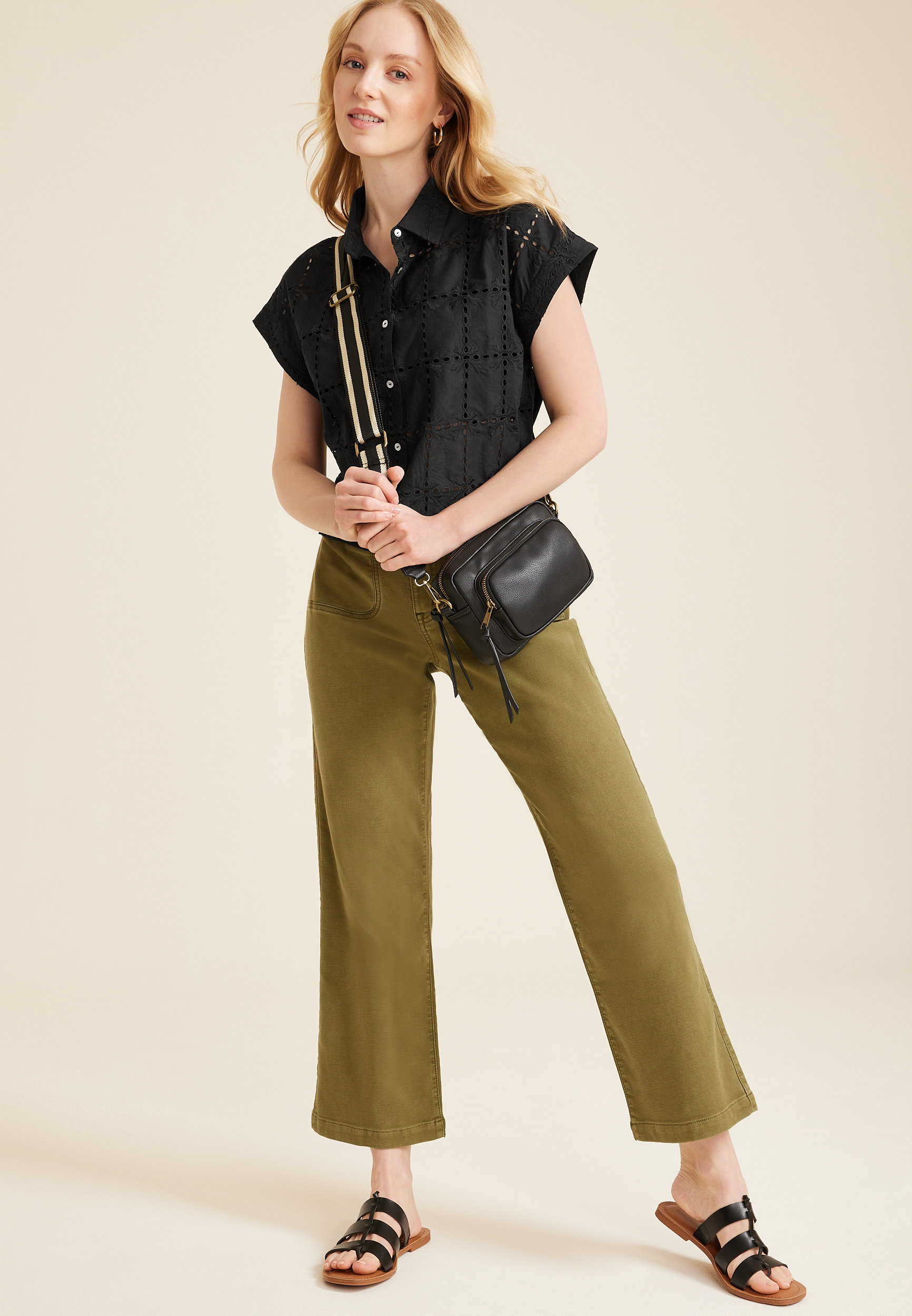 Vigoss® Eyelet Button Down Cropped Shirt