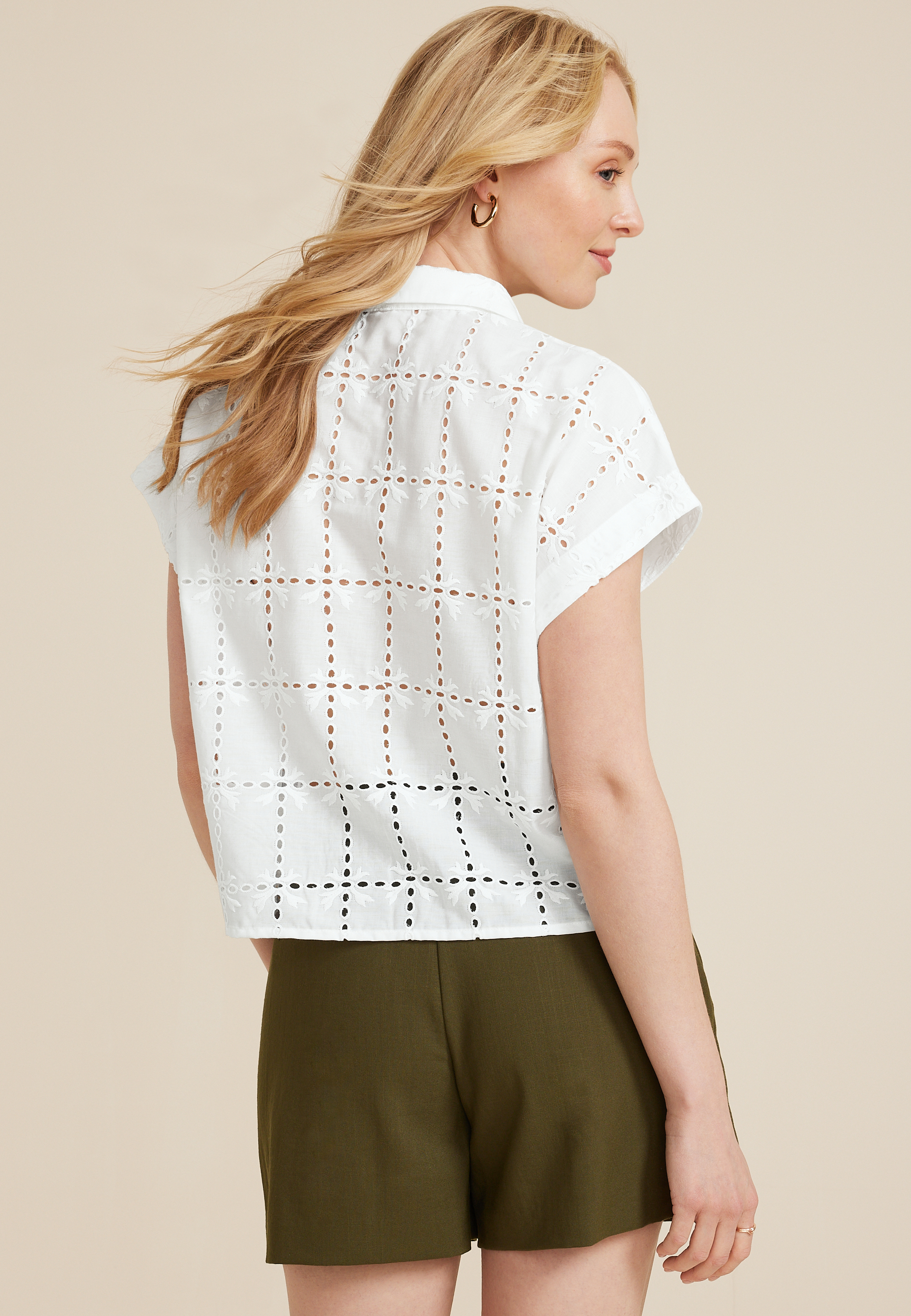 Vigoss&reg; Eyelet Button Down Cropped Shirt, SOFT WHITE, large