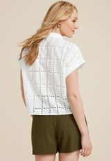 Vigoss&reg; Eyelet Button Down Cropped Shirt, SOFT WHITE, small