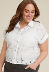 Plus Size Eyelet Button Down Cropped Shirt, C4673, small