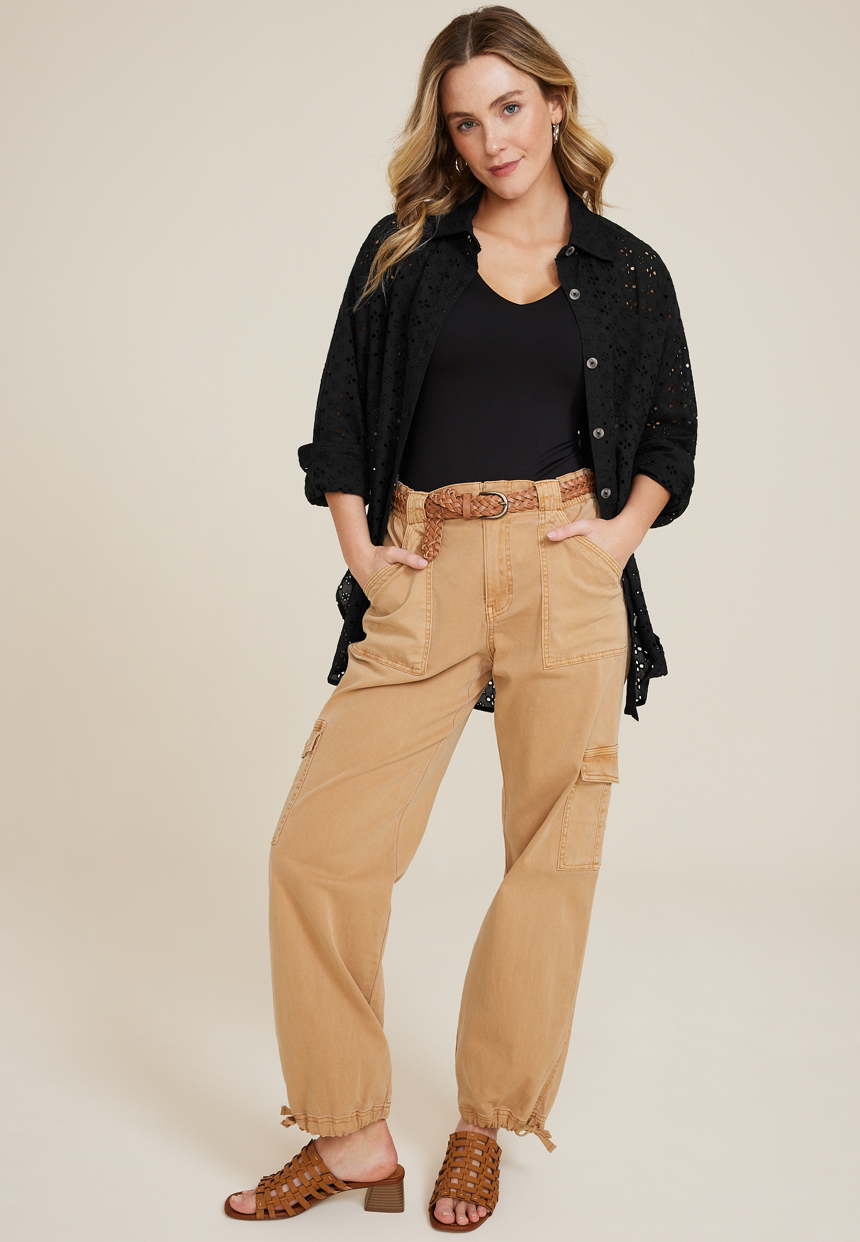 Eyelet Button Down Shirt, C106, large
