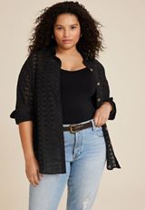 Plus Size Eyelet Button Down Shirt, BLACK, small