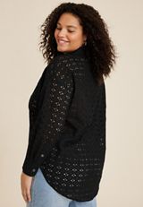 Plus Size Eyelet Button Down Shirt, BLACK, small
