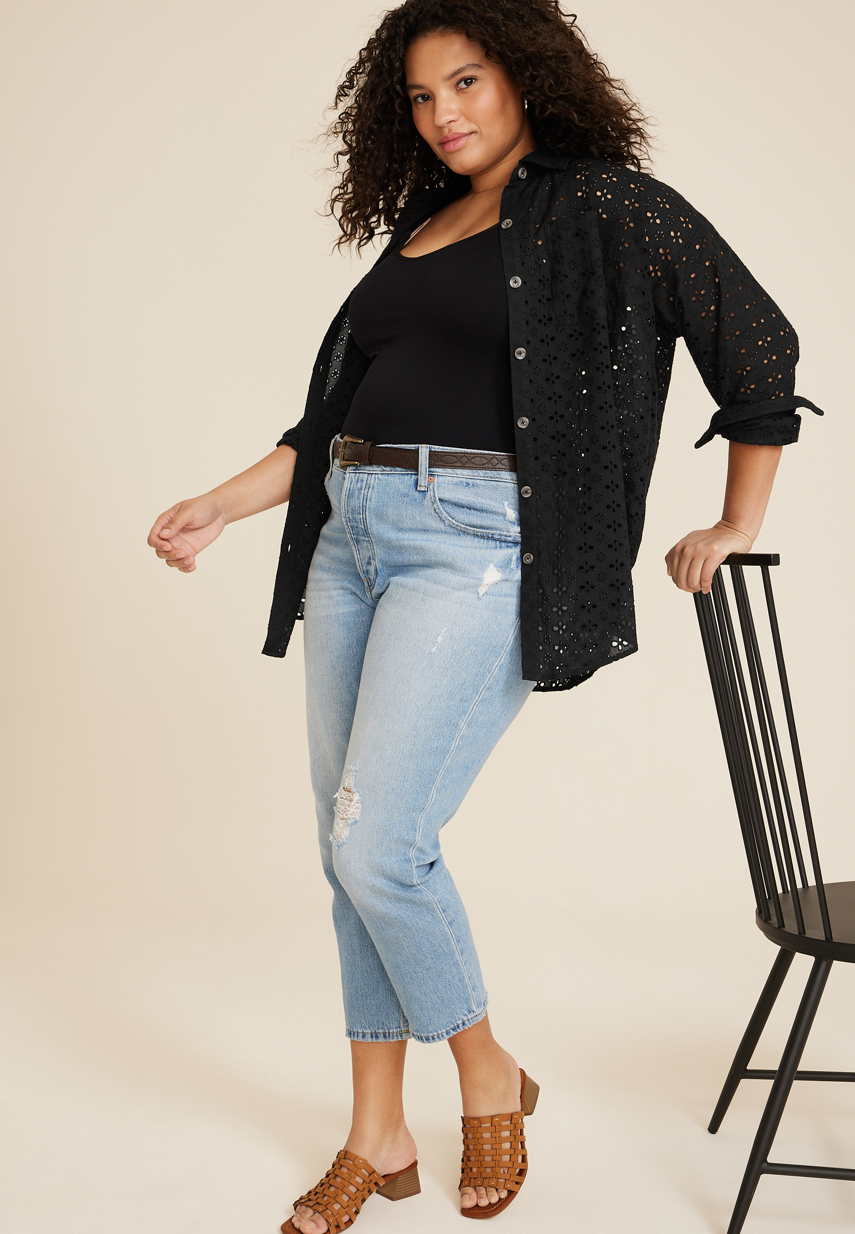 Plus Size Eyelet Button Down Shirt, BLACK, large
