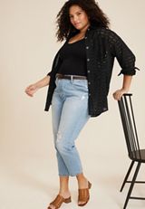 Plus Size Eyelet Button Down Shirt, BLACK, small