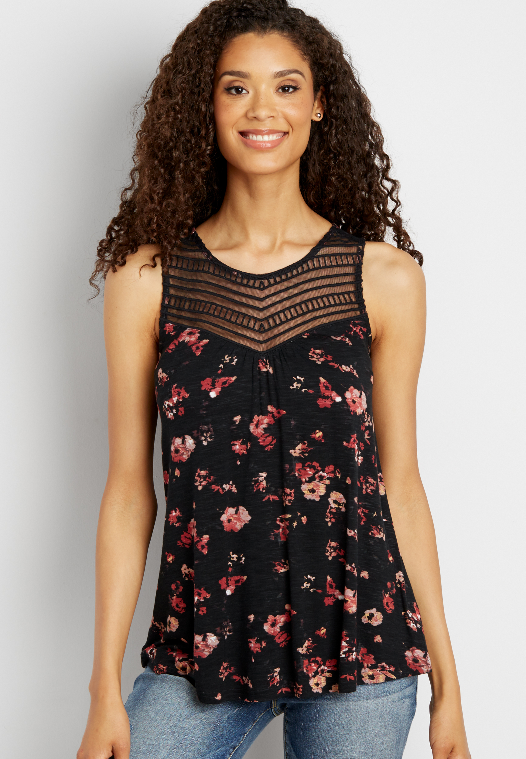 floral print tank with embroidered mesh yoke maurices