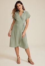 Collared Wrap Midi Dress, SAGE, small
