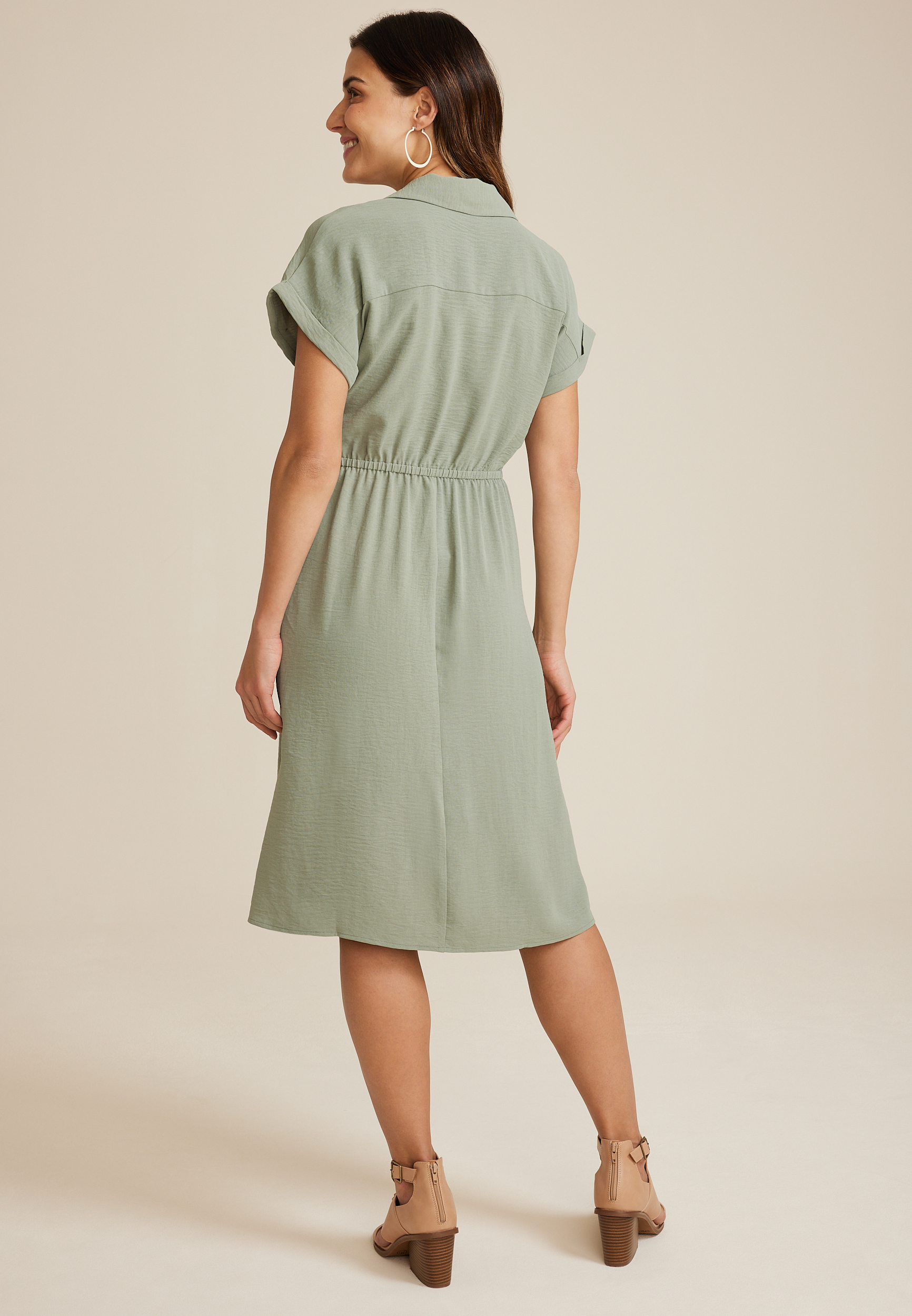 Collared Wrap Midi Dress, SAGE, large