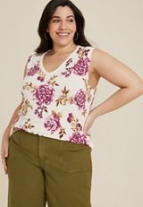 Plus Size 24/7 Morgan Floral V Neck Tank Top, SOFT WHITE COMBO, small