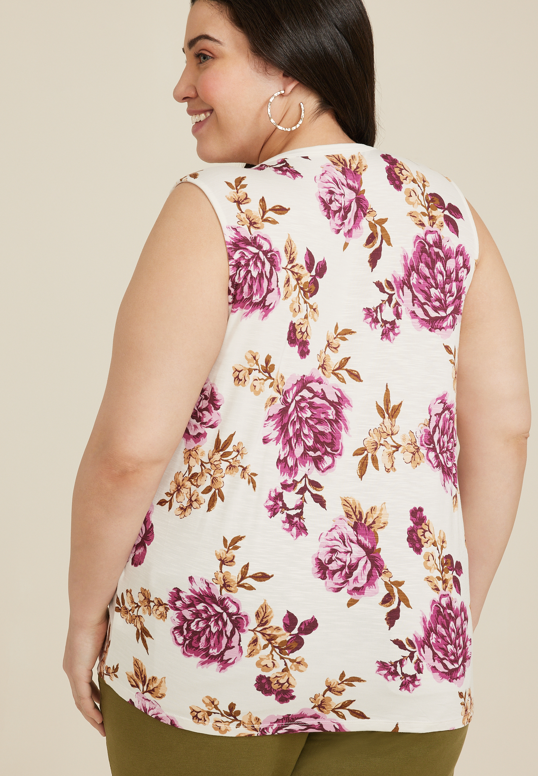 Plus Size 24/7 Morgan Floral V Neck Tank Top, SOFT WHITE COMBO, large