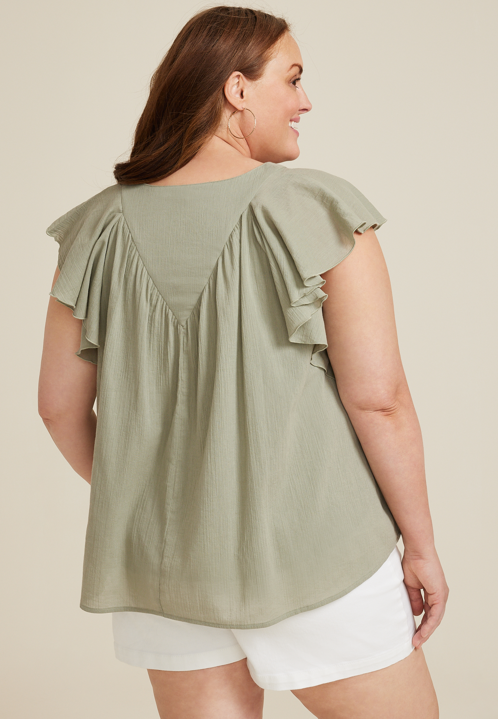 Plus Size Flutter Sleeve V Neck Blouse, C425, large